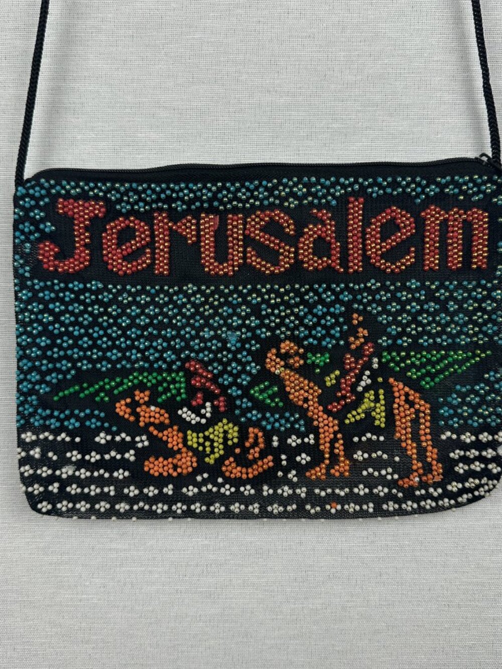 VINTAGE JERUSALEM BEADED CROSSBODY BAG, LONG THIN STRING, ZIPPERED, 9 in x 6 in